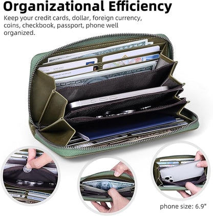 VISOUL Leather Long Zipper Pouch Wallet for Men and Women with RFID Blocking, Large Clutch Cash Long Wallet with Zipper (Olive Green)