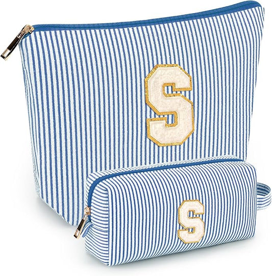 2 PCS Initial Makeup Bags for Women: Cosmetic Bag for Travel Toiletry - Birthday Gifts for 11 12 13 14 15 16 17 18 Years Old Girl Graduation Teacher Gift- Teen Girl Gifts Trendy Stuff - Blue S