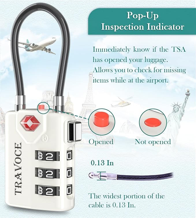 Search Alert TSA Approved Travel Combination Luggage Cable Locks for Suitcase, Gym Locker,Toolbox,Backpack 1,2,4,6 &10 pk (White 2 Pack)