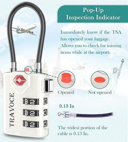 Search Alert TSA Approved Travel Combination Luggage Cable Locks for Suitcase, Gym Locker,Toolbox,Backpack 1,2,4,6 &10 pk (White 2 Pack)