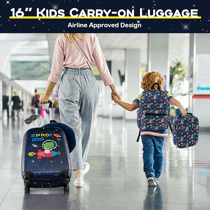 BABY JOY Kids Luggage, 5 Pieces Luggage Set w/ 16" Carry-on Hardshell Spinner Toddler Suitcase, 13" Backpack, Neck Pillow & Insulated Lunch Bag, Travel Kids Rolling Suitcase for Boys (Navy Astronauts)
