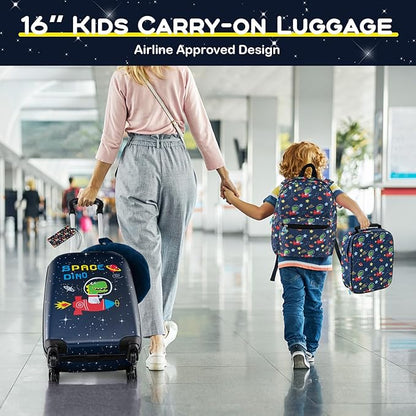 BABY JOY Kids Luggage, 5 Pieces Luggage Set w/ 16" Carry-on Hardshell Spinner Toddler Suitcase, 13" Backpack, Neck Pillow & Insulated Lunch Bag, Travel Kids Rolling Suitcase for Boys (Navy Astronauts)