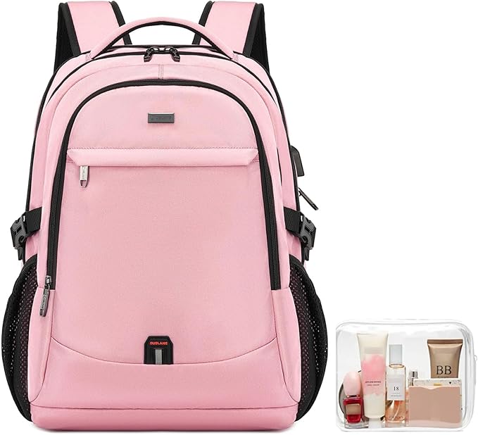 DUSLANG 17 Inch Laptop Backpack for Travel Water Resistant College Backpack for Women Laptop Bag with USB Charging Port and Clear Toiletry Bag Work Backpack,Pink A