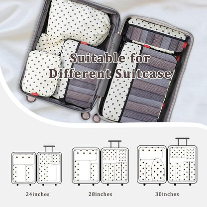 U+U 10 Set Compression Packing Cubes - Ultralight Travel Organizers with Laundry Bag and Cosmetic Bag, Space-Saving Suitcase Organizer for Travel, Business Trip and Family Vacation (Polka Dot)