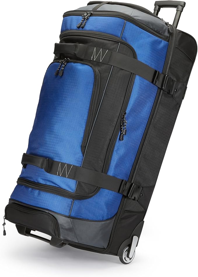 Amazon Basics 35-Inch Large Rolling Duffle Bag with Wheels and Handle, Travel Duffle Bag with Durable Ripstop Polyester Material, 2 Layers of Space, Multiple Interior and Exterior Pockets, Blue