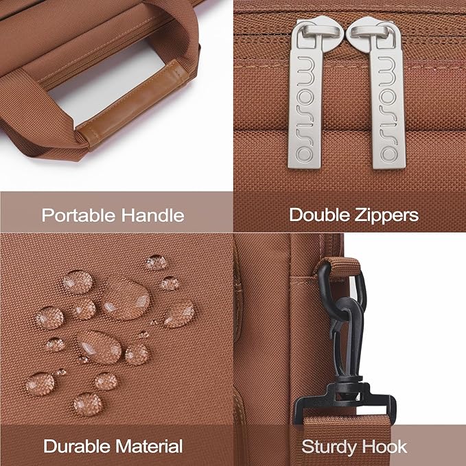 MOSISO Laptop Shoulder Bag 15.6 inch, 15-15.6 inch Computer Bag Compatible with MacBook Pro 16 inch, HP, Dell, Lenovo, Notebook with 2 Raised&1 Flapover&1 Horizontal Pocket&Handle&Belt, Caramel Brown
