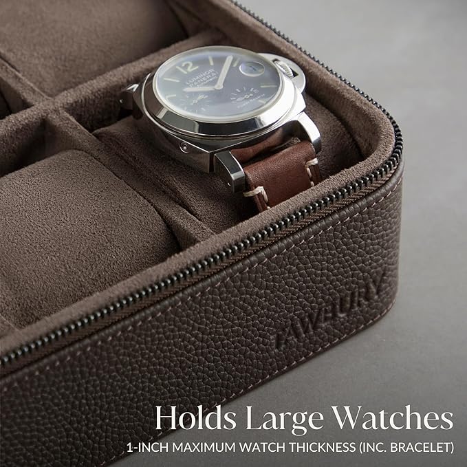 TAWBURY Watch Case - 4 Slot Genuine Top-Grain Leather Watch Box for Men & Women with Extra Wide Pillows for Large Watches - Portable Wristwatch Storage for Home & Travel (Brown)
