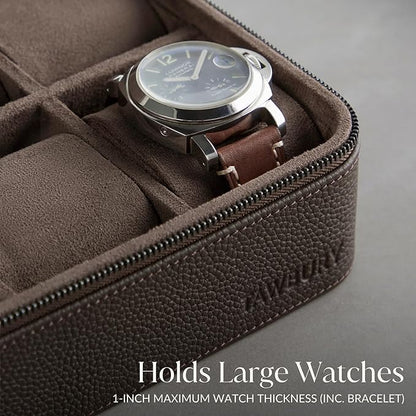 TAWBURY Watch Case - 4 Slot Genuine Top-Grain Leather Watch Box for Men & Women with Extra Wide Pillows for Large Watches - Portable Wristwatch Storage for Home & Travel (Brown)