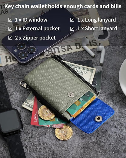 Minimalist Wallet For Mens Womens, Keychain RFID Blocking Zipper Small Wallet with ID Window 2 Lanyards,Water Resistant Travel Cash Card Coin Case Boys Girls