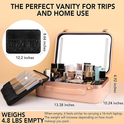 Lighted Makeup Case with Mirror - Large Size 13.4" x 10.2" - Travel Makeup Case With Mirror - Rechargeable LED Travel Vanity Case with Adjustable Brightness - Train Case Makeup Bag - Pink