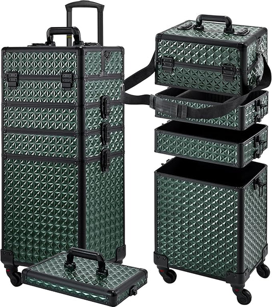 Rolling Makeup Case, Makeup Train Case with Lid, 5 in 1 Cosmetology Case on Wheels, Christmas Gift, Large Makeup Case Organizers, Profesional Cosmetic Case for Salon Barber,Black Green