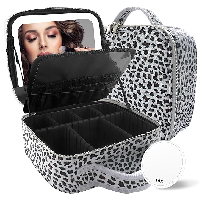 Travel Makeup Bag Cosmetic Bag Makeup Organizer Bag with Lighted Mirror, Adjustable Brightness in 3 Color Scenarios, Waterproof Makeup Train Case, Gift for Women - Leopard White