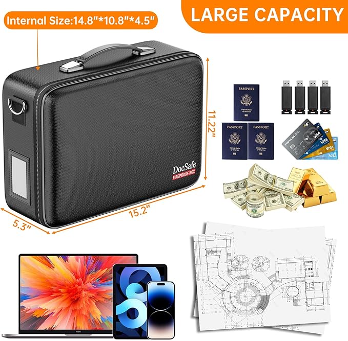 DocSafe Fireproof Document Box with Lock＆Shoulder Strap, Hard-Shell Case File Organizer with Accordion File Folder, Multi-Layer Portable Home Office Travel Safe Storage for Important Documents Laptop