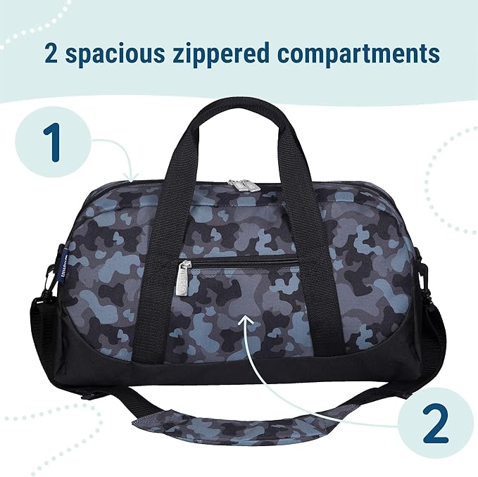 Wildkin Kids Overnighter Duffel Bag – Carry-On Size, Ideal for School & Sleepovers – Black Camo