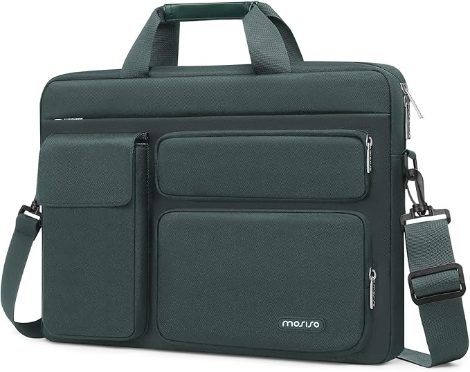 MOSISO Laptop Shoulder Bag 15.6 inch, 15-15.6 inch Computer Bag Compatible with MacBook Pro 16 inch, HP, Dell, Lenovo, Notebook with 2 Raised&1 Flapover&1 Horizontal Pocket&Handle&Belt, Emerald Green