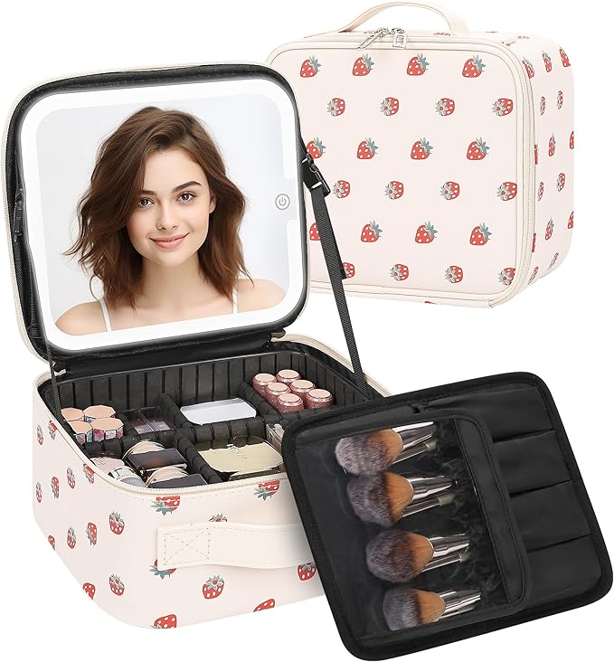TANTO Makeup Bag With LED Mirror, Travel Makeup Case with Light up Mirror Fashion Cute Cosmetic Bag with 3 Color Lighted Portable Organizer Case with Adjustable Dividers （Strawberry/Beige,Small）