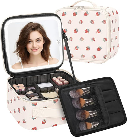 TANTO Makeup Bag With LED Mirror, Travel Makeup Case with Light up Mirror Fashion Cute Cosmetic Bag with 3 Color Lighted Portable Organizer Case with Adjustable Dividers （Strawberry/Beige,Small）