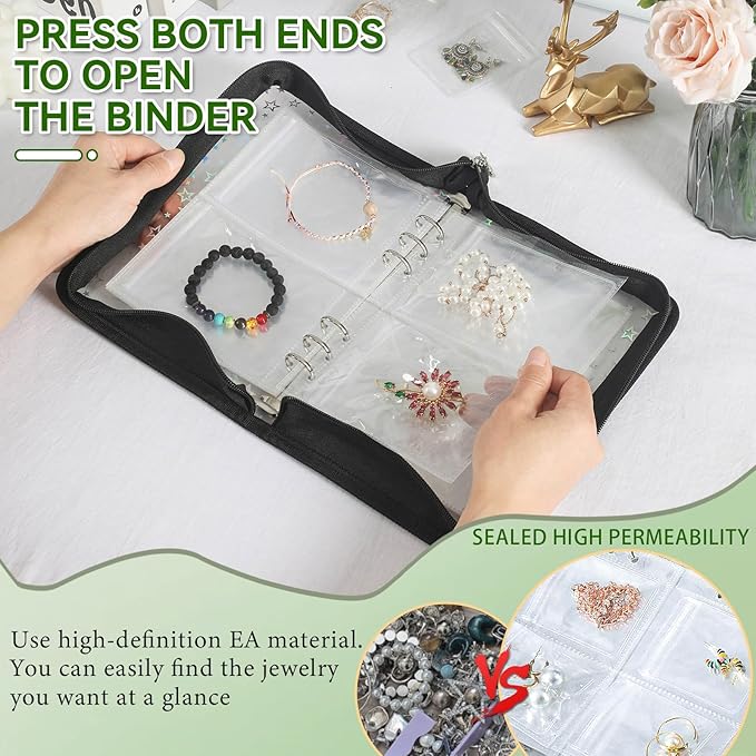 Jewelry Organizer Case Travel Clear Earring Organizer Case Transparent Jewelry Storage Book with Clear Zippered Jewelry Pouch (Black, with 48 Pcs large Jewelry Pouches)