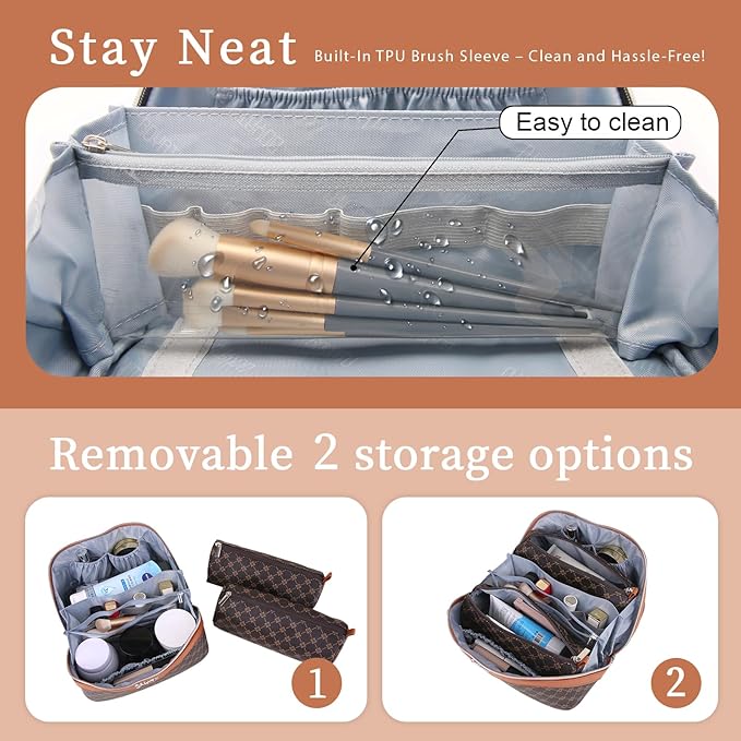 BOYATU Travel Makeup Bag Cosmetic Bags for Women: 3 Pcs Set Large Portable Make up Bag with Handle - Vegan Leather Toiletry Bags with Compartments - Makeup Organizer for Travel Essentials(A-1-Coffee)