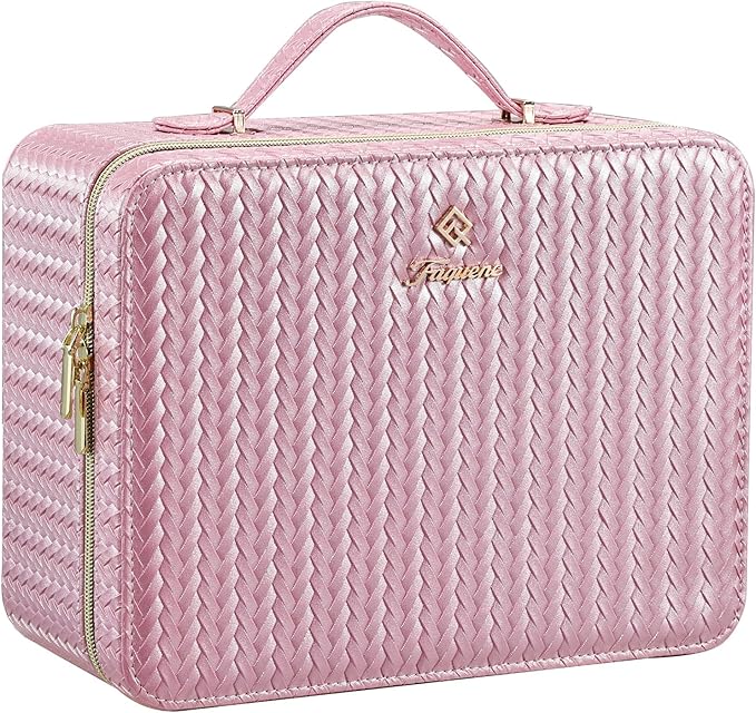 Leather Makeup Case with LED Lighted Mirror 11.4 Inch Travel Makeup Bag Adjustable Brightness in 3 Colors Cosmetic Organizer Artist Storage Bag with Dividers Brush Holder Bag Vanity Shiny Pink