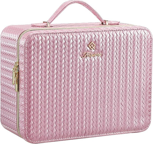 Leather Makeup Case with LED Lighted Mirror 11.4 Inch Travel Makeup Bag Adjustable Brightness in 3 Colors Cosmetic Organizer Artist Storage Bag with Dividers Brush Holder Bag Vanity Shiny Pink