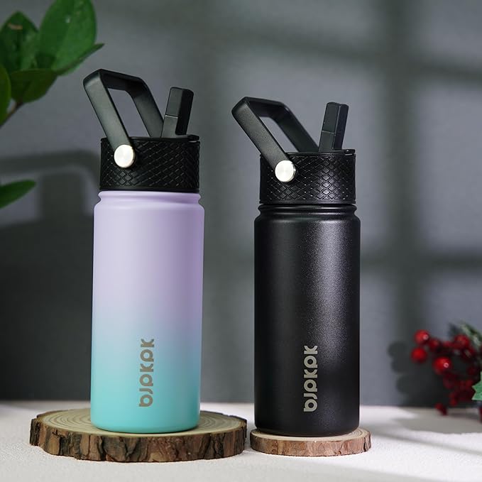 BJPKPK 2 Pack Insulated Water Bottles with Straw Lids, 18oz Stainless Steel Metal Water Bottle with 6 Lids, Leak Proof BPA Free Jugs, Cups, Flasks for Travel, Sports (Lavender Green+Black)