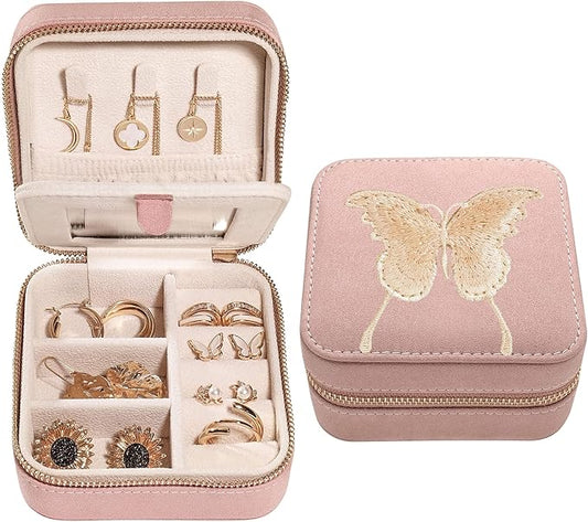 S.Leaf Travel Jewelry Organizer Boxes for Women Small Portable Necklace Earrings Bracelet Rings Travel Case Best Friend Birthday Gifts for Women Trendy (Butterfly_Pink_Gold)