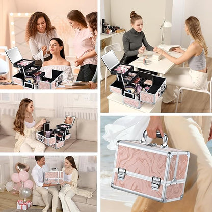 Travel Makeup Case with LED Lighted Mirror - 11.6" Portable Makeup Organizer Box, Cosmetic Train Case with Detachable Brush Holder - Fluid Pink