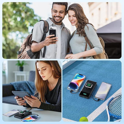 FOCHEW Portable Charger for iPhone with Built in Cables & Wall Plug,6-in-1 10800mah Power Bank with iWatch Charger, QC4.0+25W PD Fast Charging LCD Display Battery Pack for iPhone 16/15/14,Android