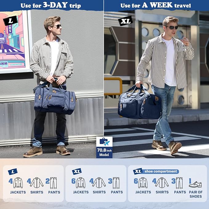 Gonex Canvas Duffle Bag for Travel 50L Expandable Duffel Weekend Overnight Bag men (Blue)