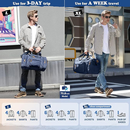 Gonex Canvas Duffle Bag for Travel 50L Expandable Duffel Weekend Overnight Bag men (Blue)