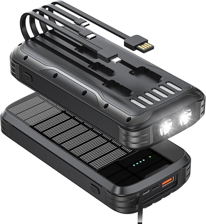 Solar Charger Power Bank, 40000mAh Portable Charger PD 20W Fast Charging Solar Power Bank Built in 4 Cables and USB-C in/Output, Camping Essentials External Battery Pack with Flashlights