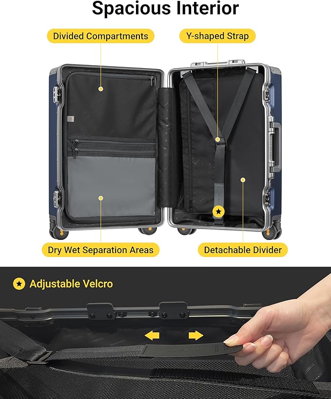 LEVEL8 Zipperless Checked Luggage with Aluminum Frame, Upgraded Medium Hardside Suitcase with Spinner Wheels, Metal Travel Luggage with Double Tsa Locks, 24 Inch, Blue