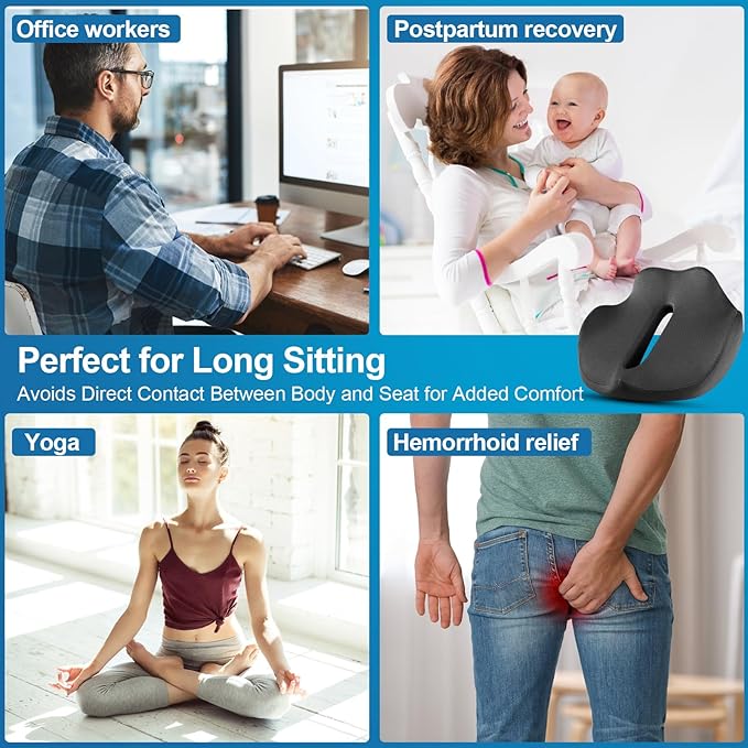 PilloVive Memory Foam Seat Cushion for Office Chairs & Car Seat - Ergonomic Office Desk Seat Cushion- Doctor Recommended for Tailbone & Sciatica Pain Relief & Back Support(Black)