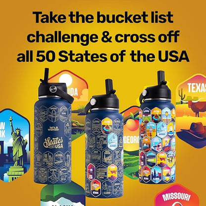 LET'S WANDER 50 States Water Bottle with Waterproof Stickers - 32oz Leakproof Insulated Stainless Steel with Straw - States of the USA Gift Bottle (Blue)