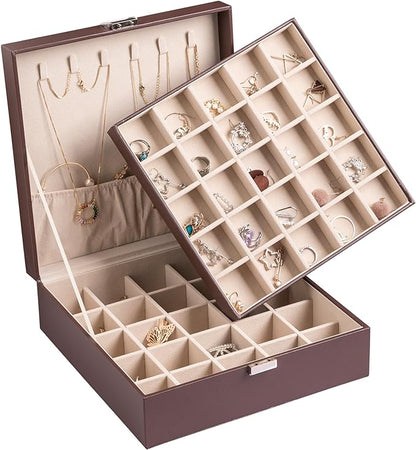 Frebeauty Earring Organizer Classic Jewelry Box 50 Slots Double Layer Jewelry Storage Case with 6 Necklace Hook and Bracelet Pocket(Dark Brown)