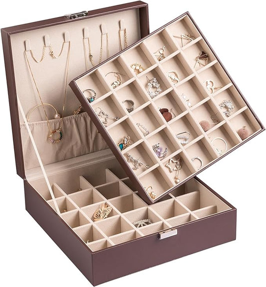 Frebeauty Earring Organizer Classic Jewelry Box 50 Slots Double Layer Jewelry Storage Case with 6 Necklace Hook and Bracelet Pocket(Dark Brown)