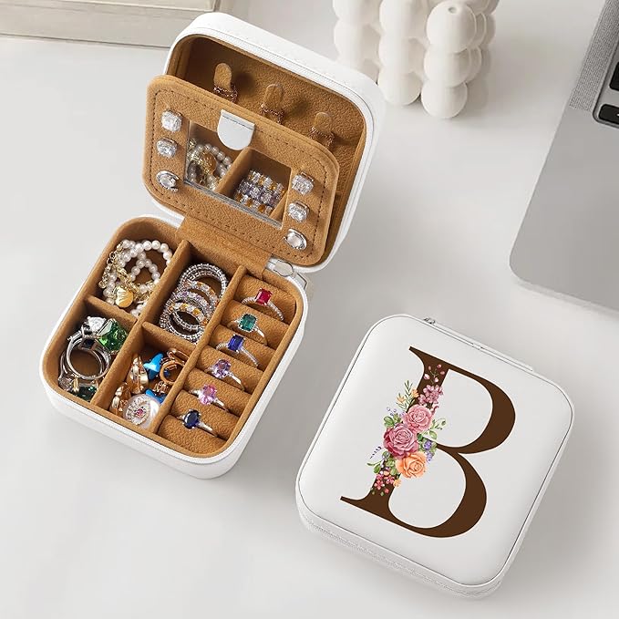 Parima Christmas Stocking Stuffers Gifts for Teenage Girls Women - Small Travel Jewelry Box Jewelry Case Organizer for Women Bridesmaid Maid of Honor Bachelorette Party Wedding Day - Letter B, White