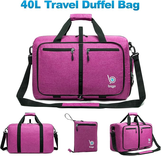 Bago Foldable Duffel Bags for Traveling Women & Men - 40L Sports Packable Duffle Bag for Travel with Shoe Compartment - Water Repellant, Heavy Duty, Lightweight Folding & Collapsible (SnowPink)