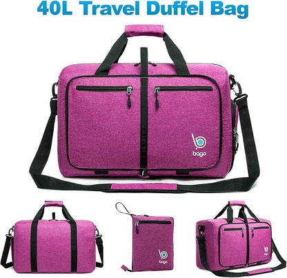 Bago Foldable Duffel Bags for Traveling Women & Men - 40L Sports Packable Duffle Bag for Travel with Shoe Compartment - Water Repellant, Heavy Duty, Lightweight Folding & Collapsible (SnowPink)