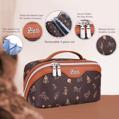 BOYATU Travel Makeup Bag Cosmetic Bags for Women: 3 Pcs Set Portable Make up Bag with Handle - Vegan Leather Toiletry Bags with Compartments - Makeup Organizer for Travel Essentials(L-1-Brown)