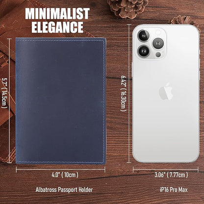 STAR VISTA Albatross Leather Travel Passport Holder, Minimalist Design, Full Grain Leather Case for Women and Men - Slim Passport Wallet, Bifold, RFID Blocking, with AirTag Holder, Navy Blue