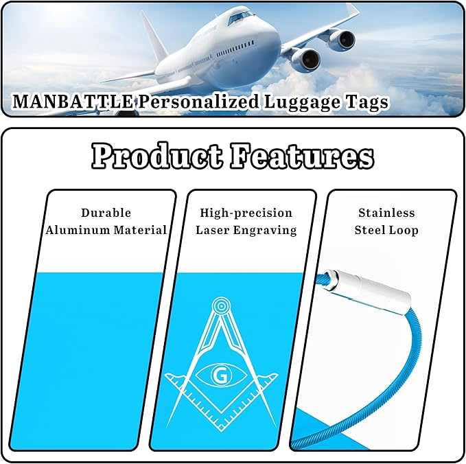 4 PCS Personalized Luggage Tags for Suitcases, Custom Aluminum Luggage Tags for Bags and Backpacks, Waterproof & Heavy Duty Personalized Metal Name Tags for Travel (Lake Blue)