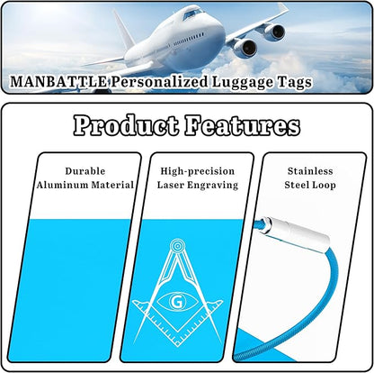 4 PCS Personalized Luggage Tags for Suitcases, Custom Aluminum Luggage Tags for Bags and Backpacks, Waterproof & Heavy Duty Personalized Metal Name Tags for Travel (Lake Blue)