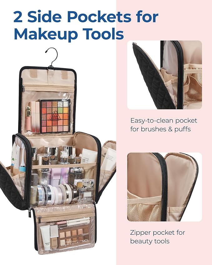 BAGSMART Hanging Travel Toiletry Bag, Large Capacity Water-resistant Cosmetic Organizer with Handle for Brushes Accessories, Black