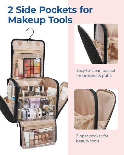 BAGSMART Hanging Travel Toiletry Bag, Large Capacity Water-resistant Cosmetic Organizer with Handle for Brushes Accessories, Black