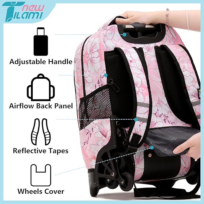 NEW TILAMI 18 Inch Rolling Backpack with Wheels for Girls Boys Kids Laptop Backpack School Travel, Pink Flowers