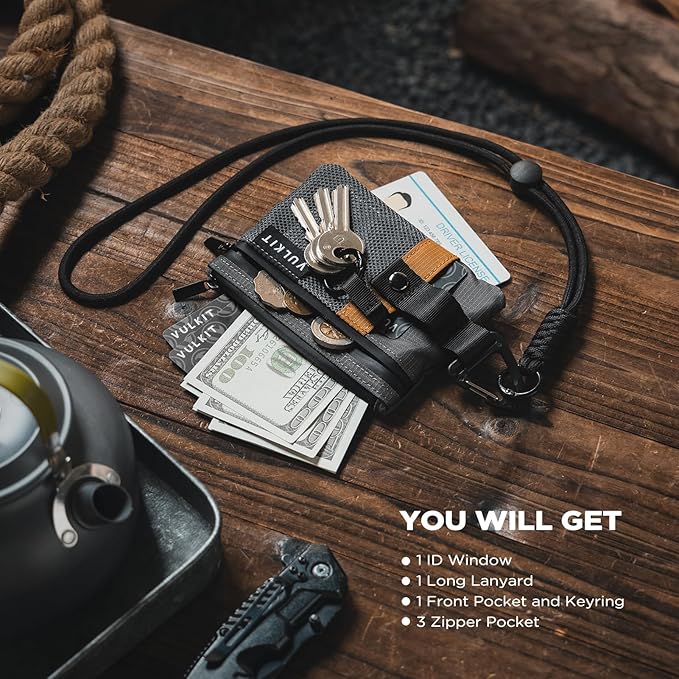 VULKIT Small RFID Wallet for Women & Men – Minimalist Zipper Wallet with ID Window, Keychain & Carabiner, Holds 15 Cards, Water Resistant Travel Lanyard Wallet Grey