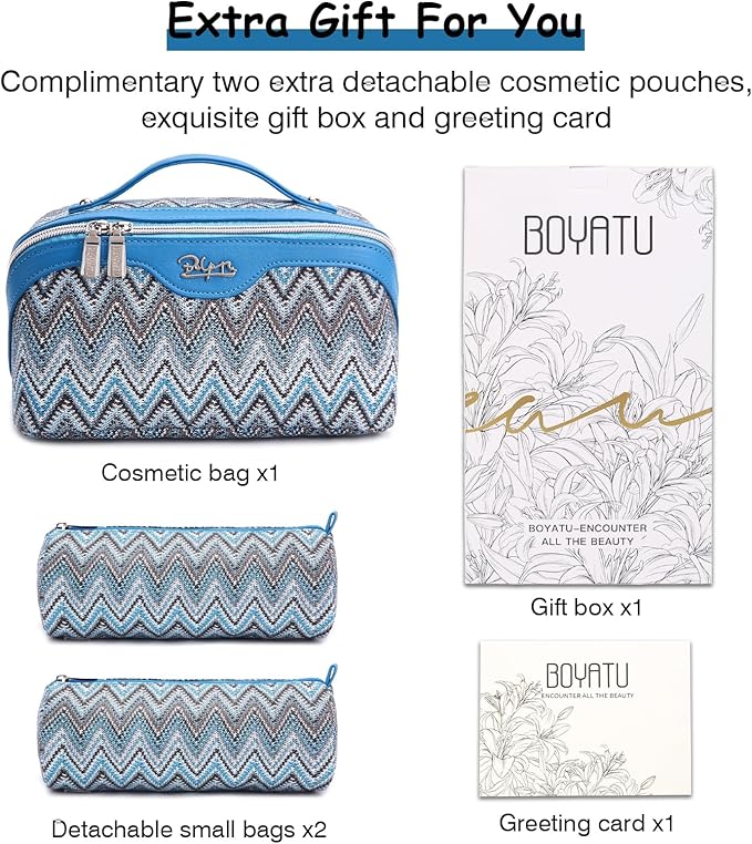 BOYATU Travel Makeup Bag for Women: Western Boho Make up Bag Set of 3 - Large Capacity Vegan Leather Cosmetic Bag - Waterproof Toiletry Bag with Compartments & Handle & Divider(J-4-Blue)