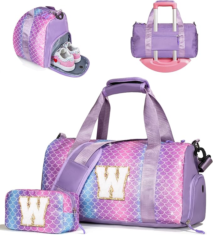 Christmas Gifts for Girls-Girl Gym Bag with Shoe Compartment, Kid Personalized Weekender Overnight Bags, Initial Travel Tote with Makeup Pouch, Gift Ideas for Niece Sister (Letter W)
